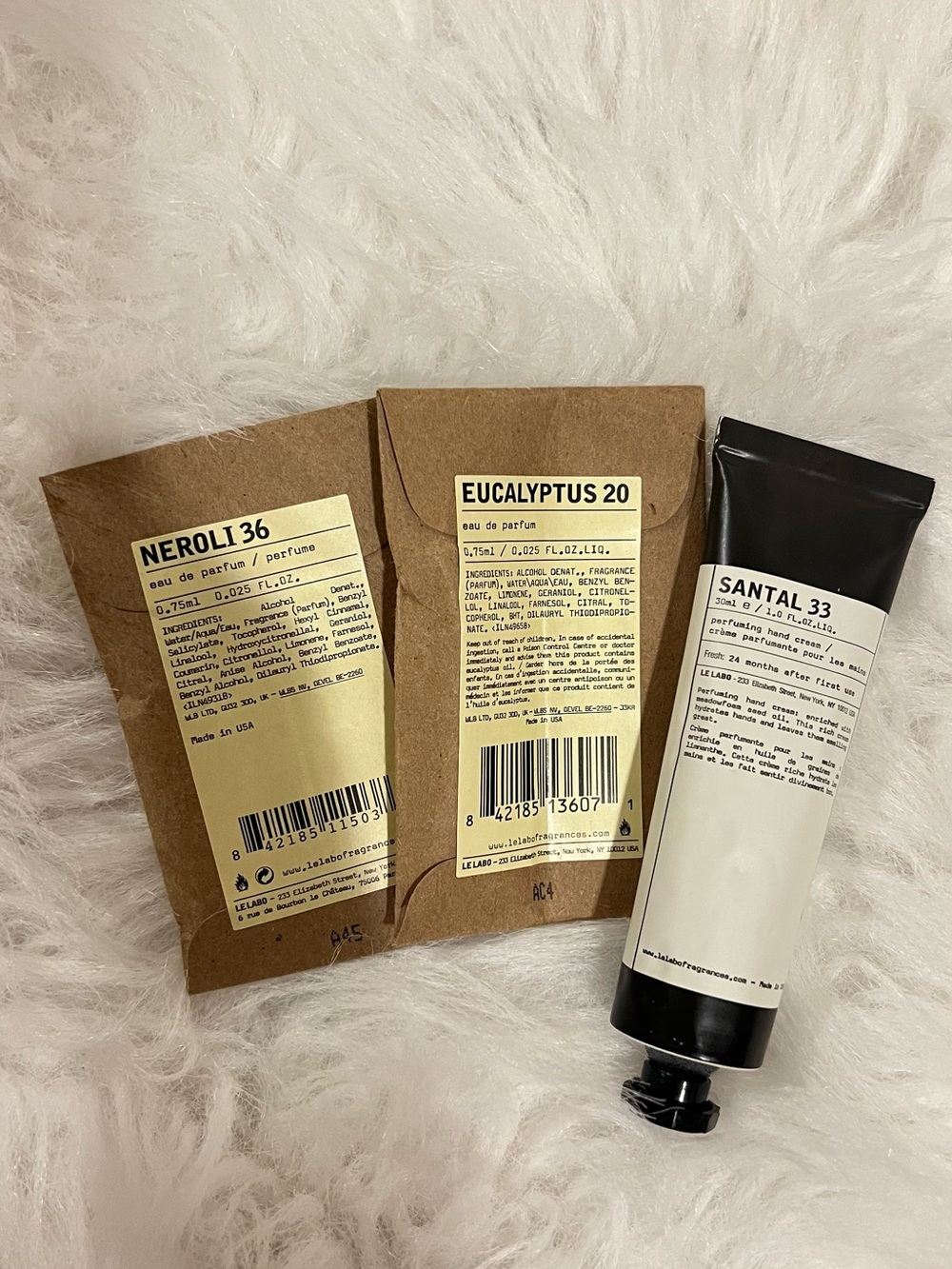 Le Labo SET of 3! Neroli 36 and Eucalyptus 20 Samples with Santal 33 handCream
